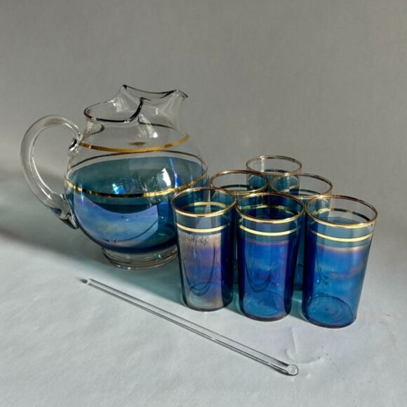 Other - Vintage Iridescent Macbeth Evans Corning Upright Ball Pitcher & Glasses Set